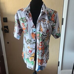 I am fat tiger polyester button down shirt M